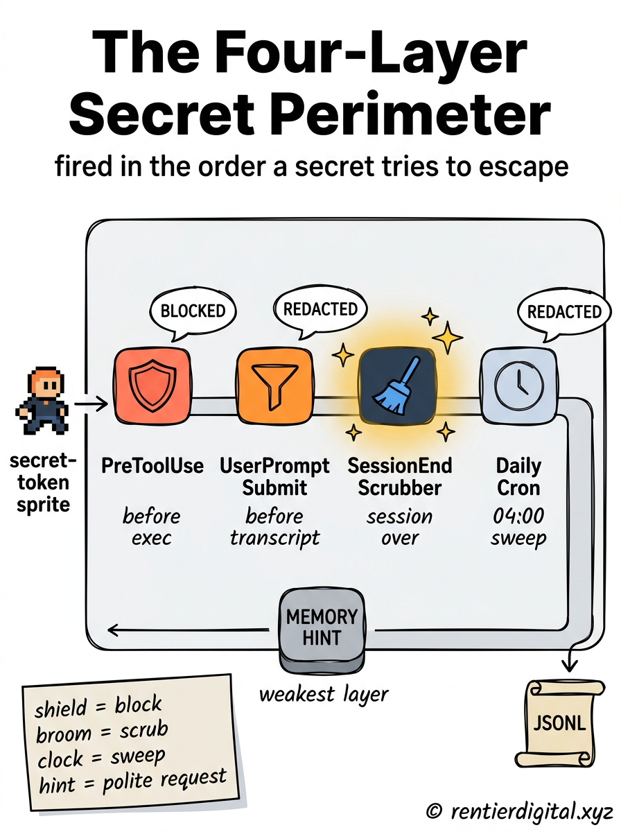 TITRE "The Four-Layer Secret Perimeter" + sous-titre "fired in the order a secret tries to escape". Metaphore : timeline horizontale type tower defense ou checkpoints arcade, un secret-token (sprite pixel) traverse de gauche a droite et tente de rejoindre le JSONL grave en bas-droite (icone parchemin). Quatre stations etagees le long du parcours : Station 1 PreToolUse (icone bouclier rouge, "before exec"), Station 2 UserPromptSubmit (icone filtre orange, "before transcript"), Station 3 SessionEnd Scrubber (icone balai bleu, "session over"), Station 4 Daily Cron (icone horloge bleu pale, "04:00 sweep"). Style : cartoon 80's-90's arcade UI mixed with Hanna-Barbera linework, halftone dots, formes rebondies, trait noir epais. Palette : alarm red #E63946, amber #F4A261, sky blue #4FC3F7, cream #FFF8E7, black #111111. Contenu : sprite-token tente de passer chaque station, des marqueurs "BLOCKED" / "REDACTED" en pop-up cartoon (style "POW!"). Une derniere station "MEMORY HINT" en gris pale, hors-perimetre, etiquetee "weakest layer". Highlight : Station 3 SessionEnd avec glow dore et sparkle stars autour (c'est la couche qui attrape le plus). Legende : sticky note bas-gauche, "shield = block / broom = scrub / clock = sweep / hint = polite request". Footer : © rentierdigital.xyz en bas-droite, ecriture main, petit. NOT flat corporate vector, NOT minimalist tech aesthetic, NOT generic flowchart.