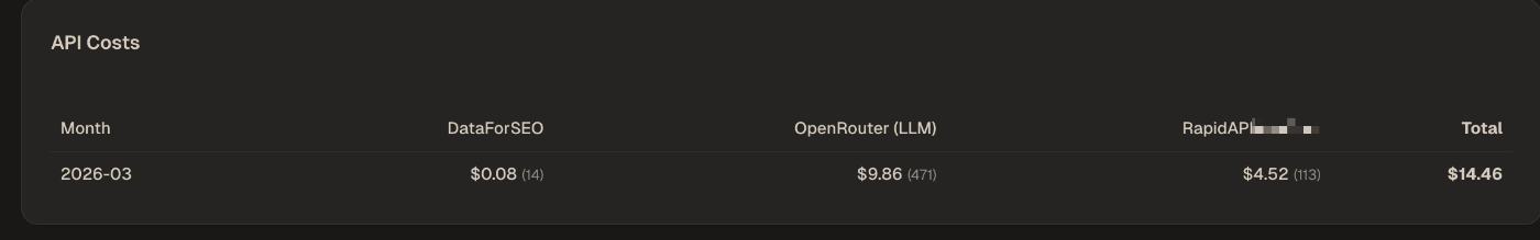API cost tracking table showing monthly expenses comparison across DataForSEO, OpenRouter LLM, and RapidAPI providers with ca